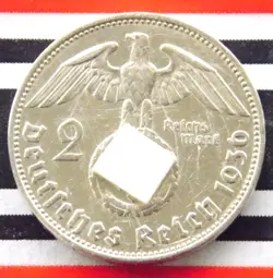 GERMAN COIN 1936 E 2 MARK REICHSMARK SWASTIKA SILVER THIRD REICH 3RD WW2 + RARE+