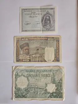 ALGERIA WW2 3 BANKNOTE LOT: 1936 50 FRANCS, 1940 100 FRANCS, 1943 20 FRANCS