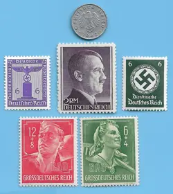 GERMANY 1942 A 1 RPF SWASTIKA COIN & HITLER SWASTIKA STAMP LOT  WW2 ERA #15