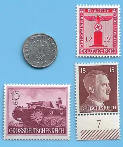 GERMANY 1941 D 1 RPF SWASTIKA COIN & HITLER SWASTIKA STAMP LOT  WW2 ERA #15