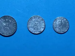 3 GERMAN THIRD REICH COINS WITH SWASTIKA. TEN, FIVE AND ONE REICHSPFENNIG. WW2