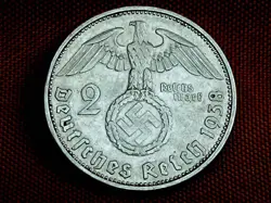 GERMANY THIRD REICH 2 REICHSMARK SILVER COIN 1938 J WW2 ERA. FINE