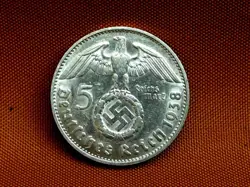 GERMANY THIRD REICH 5 REICHSMARK SILVER COIN 1938 D WW2 ERA. VERY FINE