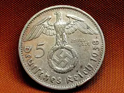 GERMANY THIRD REICH 5 REICHSMARK SILVER COIN 1938 E WW2 ERA. FINE