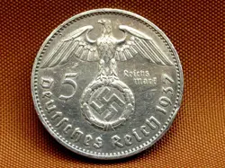 GERMANY THIRD REICH 5 REICHSMARK SILVER COIN 1937 F WW2 ERA. VERY FINE