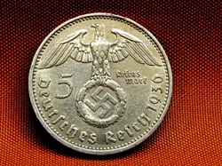 GERMANY THIRD REICH 5 REICHSMARK SILVER COIN 1936 F WW2 ERA. FINE