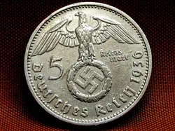 GERMANY THIRD REICH 5 REICHSMARK SILVER COIN 1936 D WW2 ERA. VERY FINE
