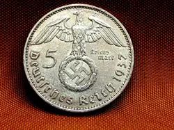GERMANY THIRD REICH 5 REICHSMARK SILVER COIN 1937 E WW2 ERA. VERY FINE