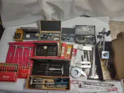 TOOL LOT,MITUTOYO CALIPER NO.293, STARTETT,DIAL INDICATOR,TELESCOPE GAGES ,&MORE