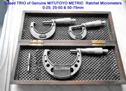 BOXED TRIO OF GENUINE MITUTOYO METRIC MICROMETERS 0-25MM, 25-50MM & 50-75MM
