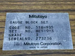 MITUTOYO GAGE BLOCK SET 9 PC.  516-935 GRADE 3  BE1-9-3 