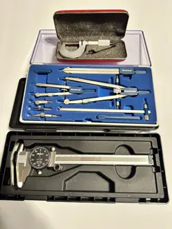 LOT- STARRETT MICROMETER, MITUTOYO DIAL CALIPER, STAEDTLER COMPASS SET