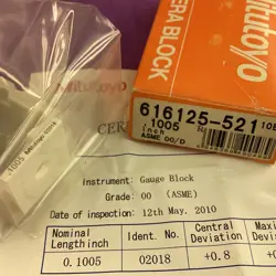 MITUTOYO CERA 616125-521  SQUARE CERAMIC GAGE BLOCK 0.1005