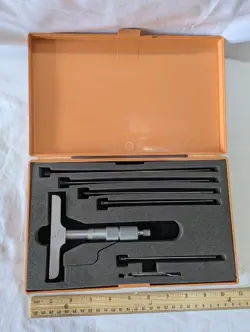 MITUTOYO 129-132  MECHANICAL DEPTH MICROMETER WITH 5 INTERCHANGEABLE RODS VTG