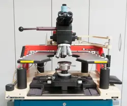 KARL SUSS MANUAL TEST STATION PM8 WITH MITUTOYO MICROSCOPE AND OBJECTIVES