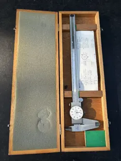 MITUTOYO 12 INCH DIAL CALIPER 505-645-50 WITH WOODEN CASE, MADE IN JAPAN.