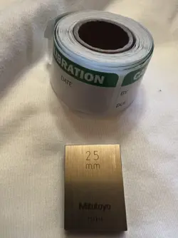 MITUTOYO STEEL 25MM GAGE BLOCK 121216 & CALIBRATION STICKERS