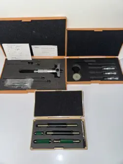 1 SET OF MITUTOYO PLUG GAGES, 3 MITUTOYO BORE GAGES, MITUTOYO DEPTH GAGE