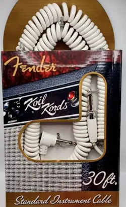 30 FT COIL CORD — FENDER KOIL KORDS RETRO WHITE, ANGLE JACK. NEW OLD STOCK