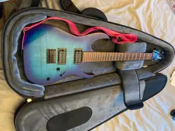 IBANEZ BLUE ELECTRIC GUITAR, FENDER AMP, ROAD RUNNER CASE, AND STAND.