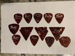 13 VINTAGE 1960’S 1970’S FENDER GUITAR  PICKS FIRE FLAME ITALIAN CELLULOID -THIN