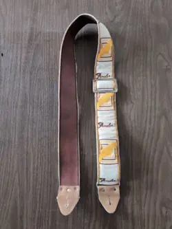 1960S FENDER LEATHER GUITAR STRAP VINTAGE EMBROIDERED YELLOW STRAIGHT LOGO