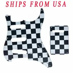 11 HOLE ST GUITAR SSS PICKGUARD W/ BACK PLATE FITS FENDER STRAT BLACK/WHITE GRID