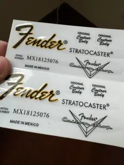 2PCS FENDER STRATOCASTER GUITAR VINYL UV TRANSFER NECK HEADSTOCK DECALS STICKERS