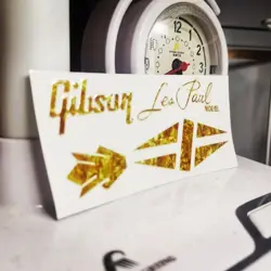 GIBSON GUITAR LES PAUL MODEL NECK HEAD HEADSTOCK UV RAISED STICKER DECALS GOLD