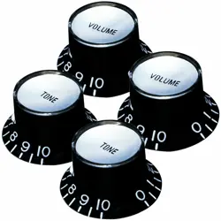 NEW SET 4 BLACK BELL TOP HAT KNOBS SILVER REFLECTOR FOR GIBSON 1/4