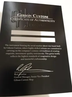 GIBSON LES PAUL SG V ES335 CUSTOM SHOP COA CERTIFICATE OF AUTHENTICITY BLANK