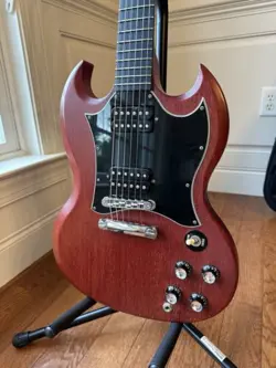 2002 GIBSON SG FADED EBONY FRETBOARD CRESCENT MOON INLAYS - WORN CHERRY RED