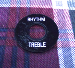 BLACK WORN RELIC GIBSON LES PAUL TOGGLE SWITCH PLATE, RHYTHM/TREBLE POKER CHIP