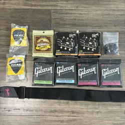 LOT GUITAR STRINGS ACOUSTIC ELECTRIC PICKS GIBSON ERNIE BALL STRAP FENDER ESTATE