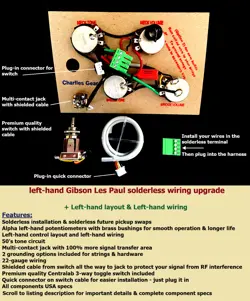 LEFT HAND GIBSON LES PAUL SOLDERLESS 50'S WIRING UPGRADE SHORT SHAFT/SHORT 3-WAY