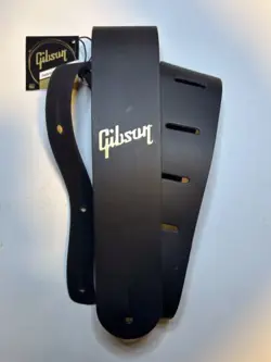 GIBSON BLACK LEATHER GUITAR STRAP GOLD LOGO USA