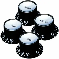 NEW SET 4 BELL TOP HAT KNOBS GIBSON® STYLE BLACK SILVER PLATE METRIC TONE VOLUME