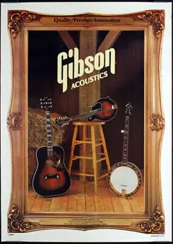 GIBSON ACOUSTICS MM-70 MANDOLIN, MB-250 BANJO AND PR-755S GUITAR PROMO POSTER