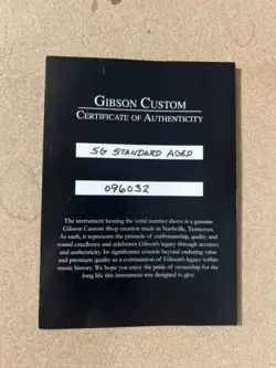 GIBSON CUSTOM SG STANDARD COA CERTIFICATE OF AUTHENTICITY