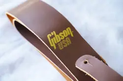 UNUSED 90S GIBSON VINTAGE GUITAR BASS STRAP BROWN LEATHER GOLD LOGO