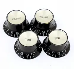 (4) BLACK EMBOSSED BELL TOP HAT KNOBS W/ LIGHT GOLD REFLECTORS FOR GIBSON, CTS