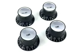 (4) BLACK/SILVER REFLECTOR V/T KNOBS FOR USA GIBSON® GUITAR/BASS 6MM CTS POTS