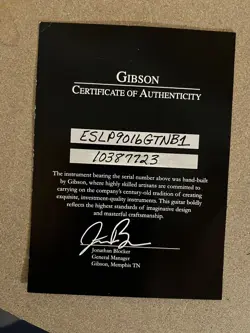 GIBSON CUSTOM COA CERTIFICATE OF AUTHENTICITY ES LES PAUL