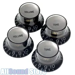 (4) BLACK EMBOSSED BELL TOP HAT KNOBS W/ SILVER REFLECTORS FOR GIBSON, CTS POTS