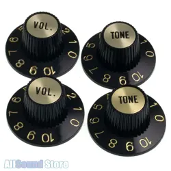 SET OF 4 BLACK WITCH HAT KNOBS W/ GOLD INSERTS FITS GIBSON CTS SPLIT SHAFT