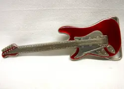 METAL BELT BUCKLE RED ENAMEL SILVER TONE ROCK & ROLL GIBSON ELECTRIC GUITAR 5