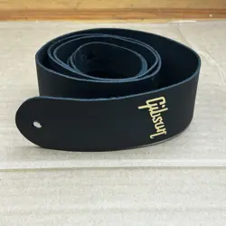 GIBSON LEATHER ADJUSTABLE GUITAR BASS STRAP BLACK WITH GOLD LOGO