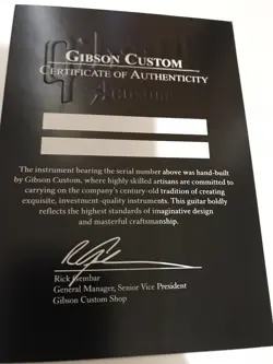 GIBSON LES PAUL SG V ES335 CUSTOM SHOP COA CERTIFICATE OF AUTHENTICITY