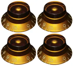 (4) EMBOSSED TOP HAT BELL KNOBS FOR GIBSON® USA & CTS® SPLIT SHAFT POTS - AMBER