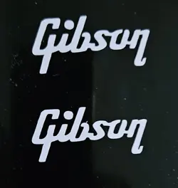 2 WHITE DECAL  HEADSTOCK GIBSON LOGOS, DIE-CUT VINYL DECAL, 1.25 INCHES WIDE 